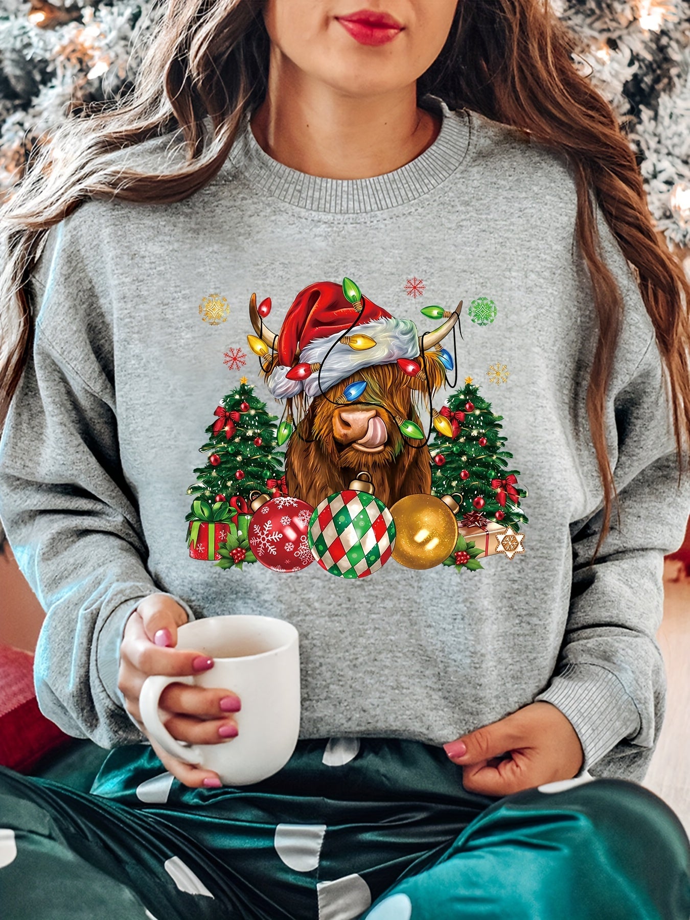 Naya® Gemütliches Weihnachts Sweatshirt mit Hochlandrind-Motiv für Damen