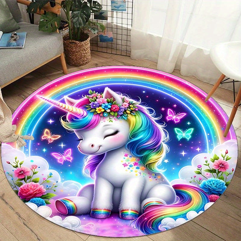 Runder Einhorn und Regenbogen Teppich für Kinderzimmer, waschbar