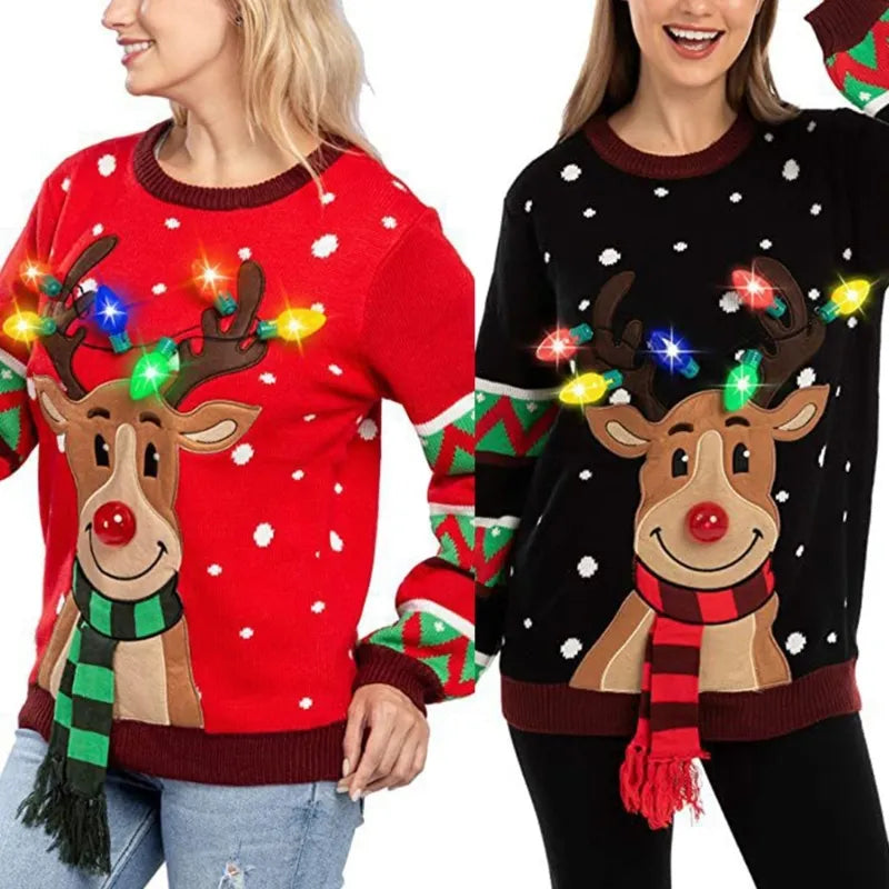 Lara® LED-Weihnachts-Rentier-Pullover - Cartoon Motiv & Lichter