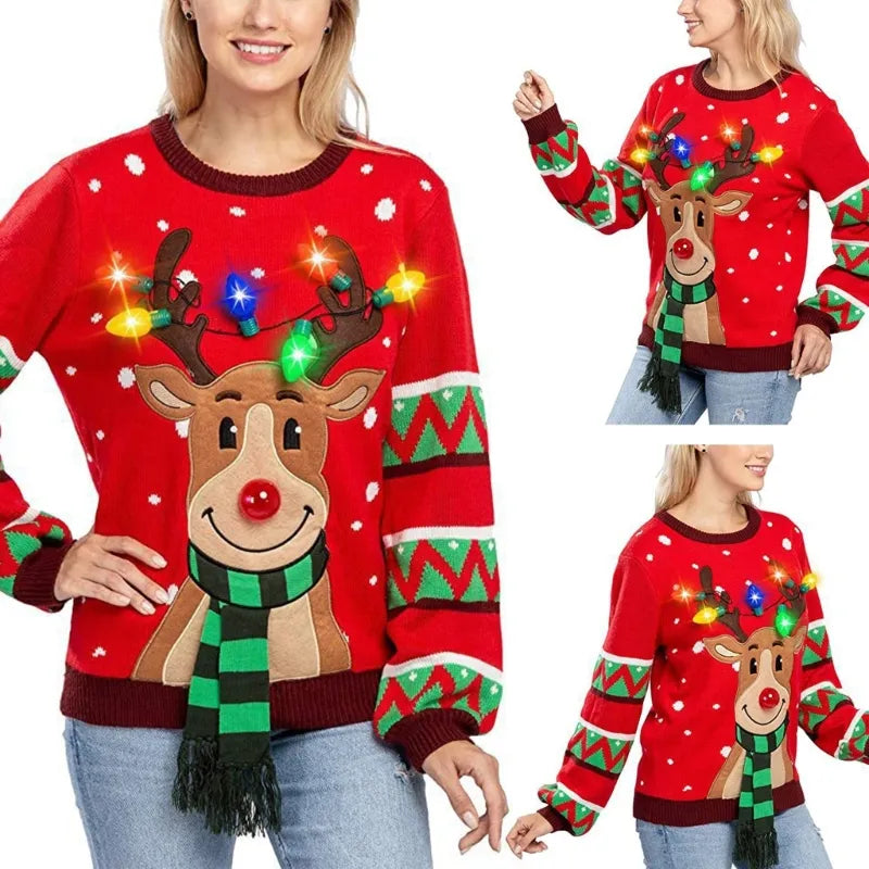 Lara® LED-Weihnachts-Rentier-Pullover - Cartoon Motiv & Lichter