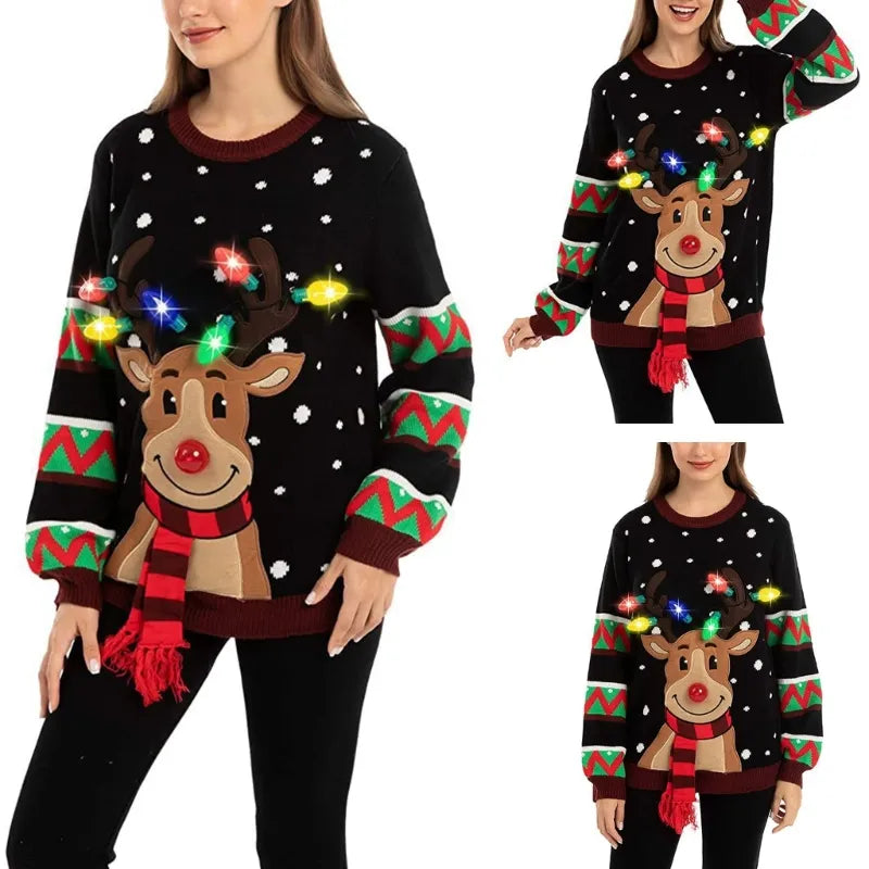 Lara® LED-Weihnachts-Rentier-Pullover - Cartoon Motiv & Lichter