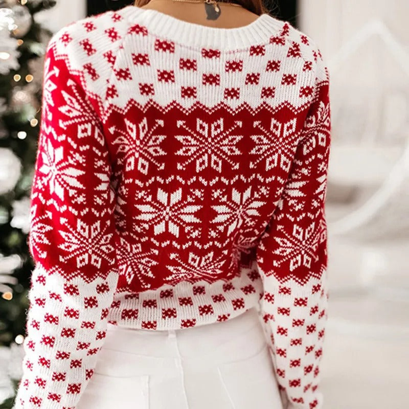 Lara® Gemütlicher Weihnachts-Schneeflocken-Strickpullover mit langen Ärmeln