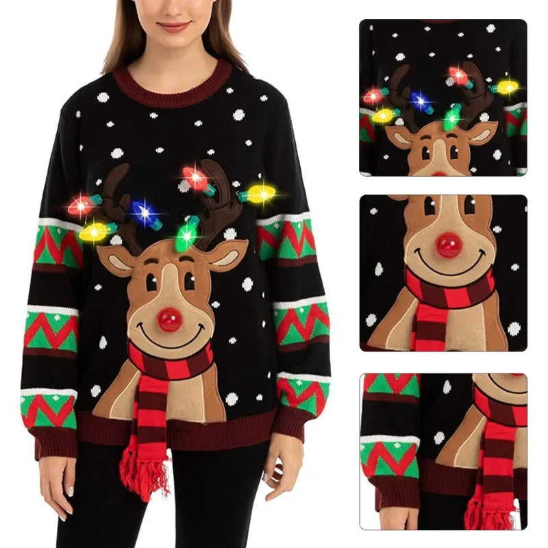 Lara® LED-Weihnachts-Rentier-Pullover - Cartoon Motiv & Lichter