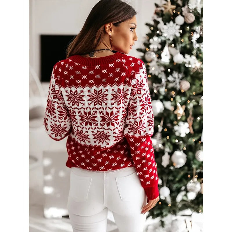 Lara® Gemütlicher Weihnachts-Schneeflocken-Strickpullover mit langen Ärmeln